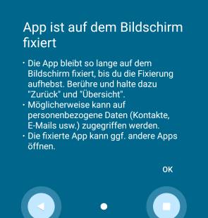 Screenshot des Info-Texts unter Android über die fixierte App 