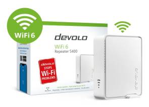 Ein Devolo Wi-Fi 6 Repeater und die zugehörige Verpackung 