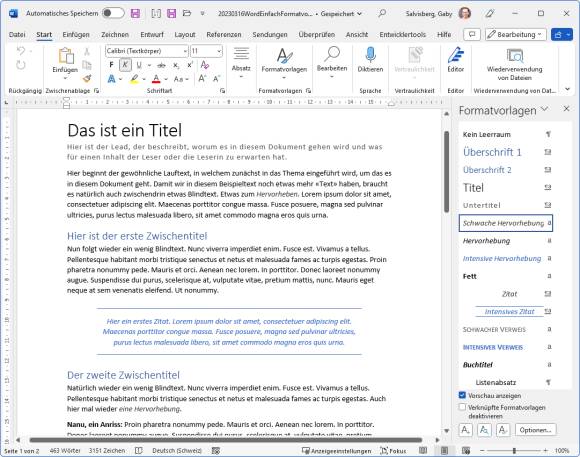 Word-Dokument, hier mit den Standard-Formaten von Microsoft formatiert