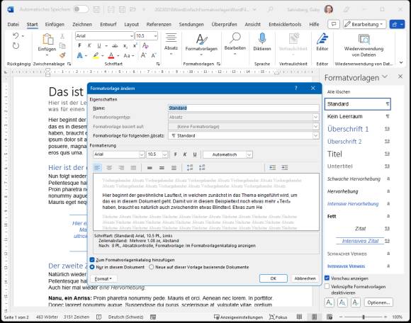 Fenster, in dem in Word eine Formatvorlage geändert wird