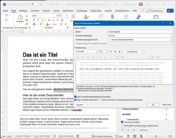 Das Hinzufügen eines Zeichenformats