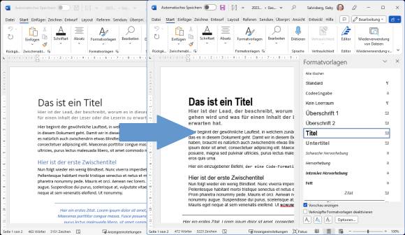 Zwei Word-Dokumente, einmal vor und einmal nach der Änderung der Formatvorlagen 