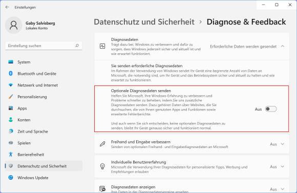 Screenshot der Diagnosedaten-Einstellung