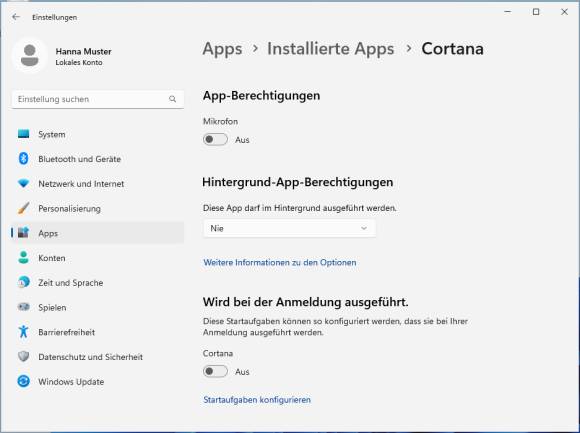 Cortana in den Einstellungen