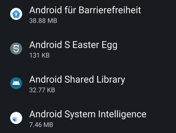Ausschnitt aus der App-Liste zeigt die App "Android S Easter Egg" 