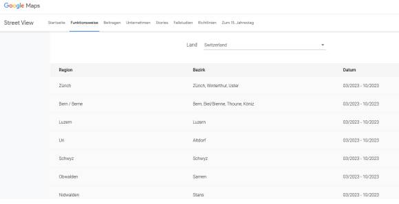 Google-Street-View-Länderliste für die Schweiz