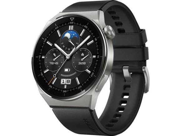 Huawei Watch GT3 Pro 46 mm mit Titangehäuse, silbrig und schwarz