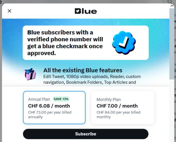Screenshot des Twitter-Blue-Angebots