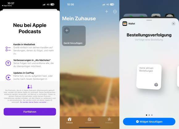 Screenshots aus der Podcast-, Home- und Wallet-App