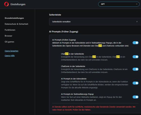 Chat-GPT-Features für Opera aktivieren