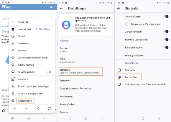 Die Einstellungen zum Startseitenverhalten im Firefox für Android