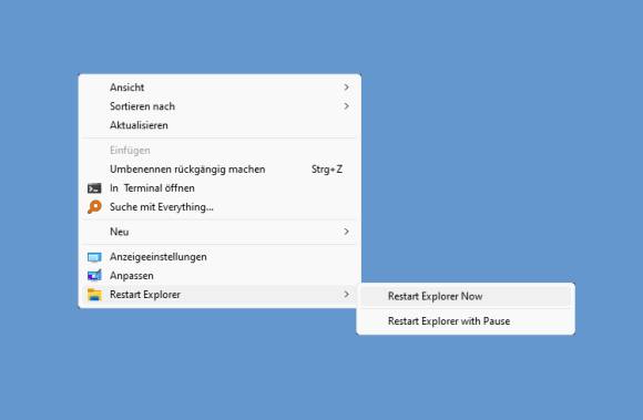 Desktop-Kontextmenü mit dem Befehl "Restart Explorer" 