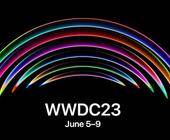 Bunte gewölbte Linien im WWDC23-Banner erinnern an die Form einer optischen Linse