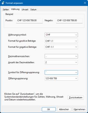 Das Einstellungsfenster fürs Regions-Format "Währung"