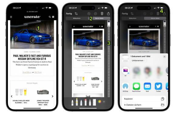 Drei iPhone-Screenshots zeigen den Ablauf