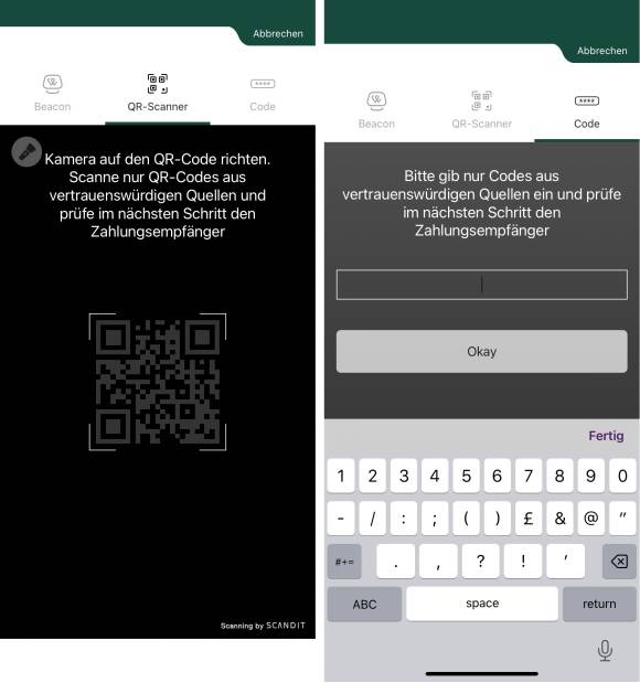 Twint QR-Code-Scan-Funktion (links) und Zahlung per Code-Eingabe (rechts)Twint QR-Code-Scan-Funktion