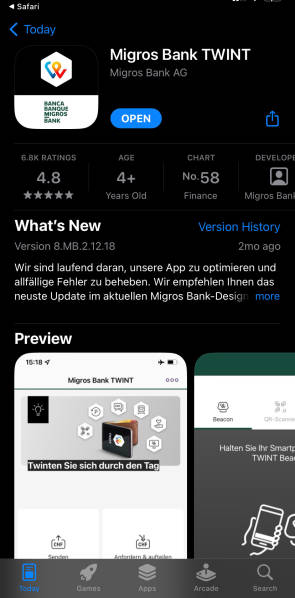 Die Migros-Bank-Twint-App im Play Store