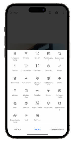Screenshot von Snapseed mit den vielen Bearbeitungsoptionen