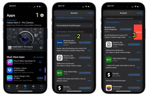 Drei iPhone-Abbildungen zeigen, wie Apps gelöscht statt aktualisiert werden