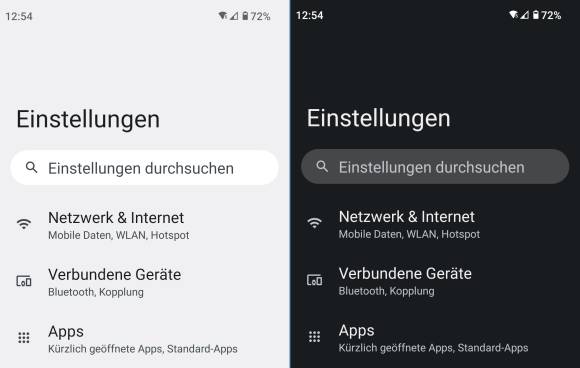 Die Android-Einstellungen, einmal im hellen, einmal im dunklen Modus 