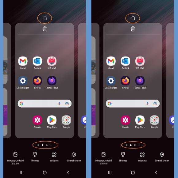 Vor und nach dem Ändern der Startseite auf einem Samsung-Smartphone