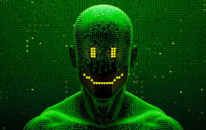 Illustration des Begriffs "Hacker". Ein grinsender Kopf mit einer Haut aus Leiterbahnen 