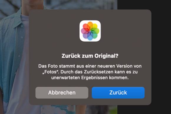 Eine Warnung besagt, dass beim Zurücksetzen des Fotos zu unerwarteten Ergebnissen kommen kann