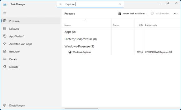 Screenshot des Task-Manager, in dem gerade nach "Explorer" gesucht wird