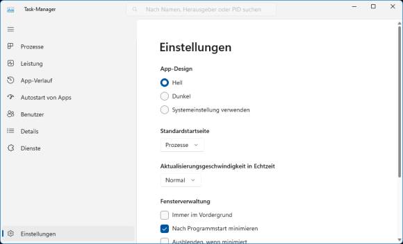 Die Einstellungen zum Hell- oder Dunkelmodus des Task-Managers