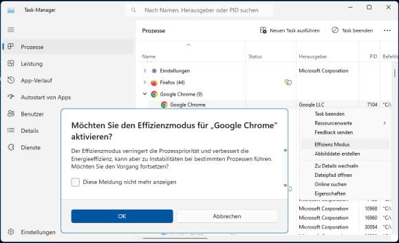 Screenshot der Meldung, nachdem wir einem Prozess manuell den Effizienzmodus zugewiesen haben