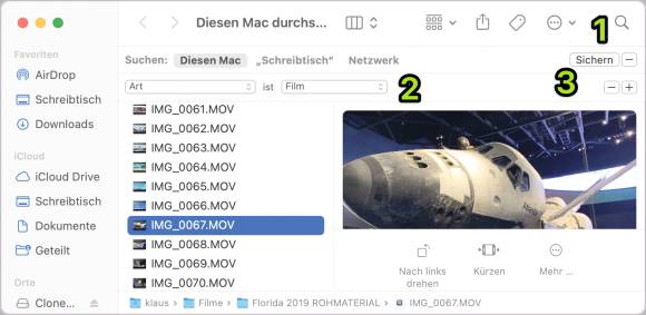 Das Suchfenster im Finder stöbert Filme auf