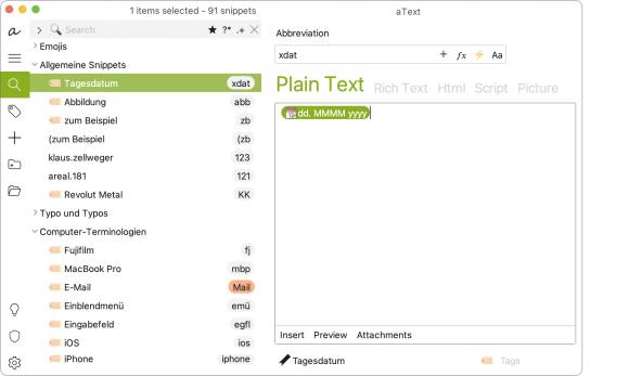 Die Übersicht der Textbausteine in aText