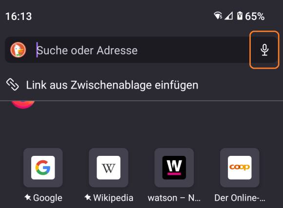 Firefox unter Android, noch mit aktiviertem Mikrofon-Symbol 