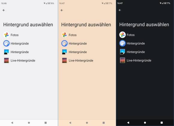 Dreimal dasselbe Android-Einstellungsfenster: Heller Modus, rötlicher Nachtmodus, Dunkelmodus 