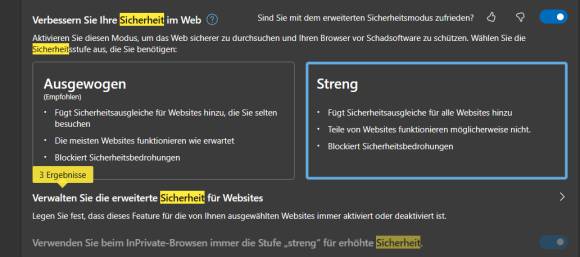 Screenshot der Sicherheitseinstellungen in Edge