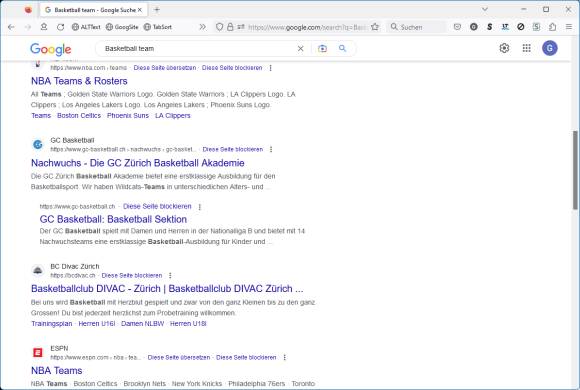 Beispiel einer Google-Suche nach "Basketball Team" 