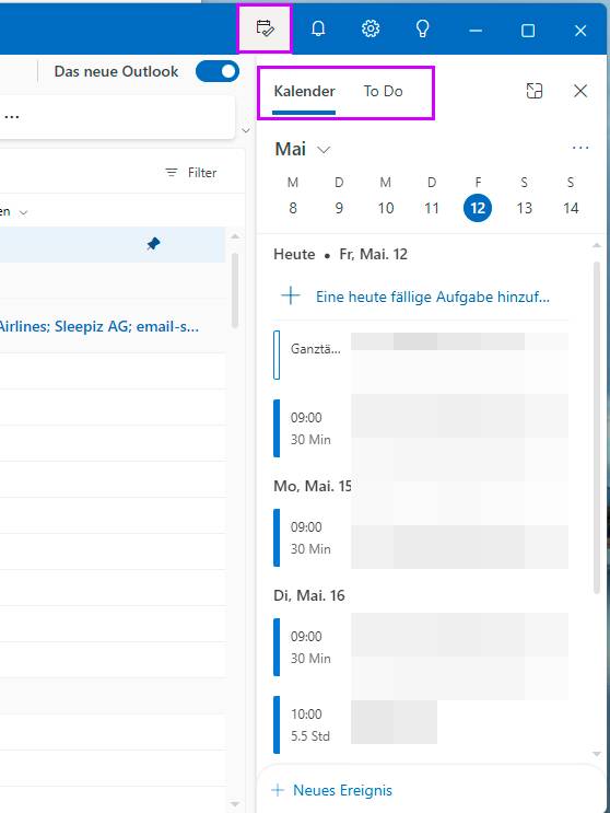 Screenshot des neuen Outlook, mit eingeblendetem Kalender rechts