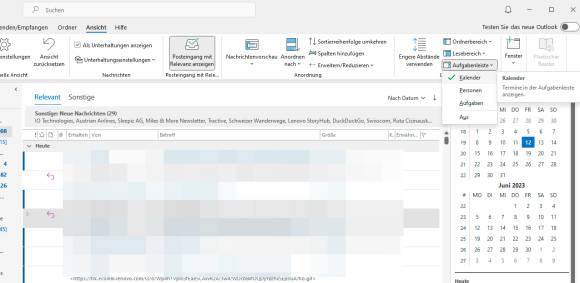 Screenshot des alten Outlook, rechts ist der Kalender eingeblendet