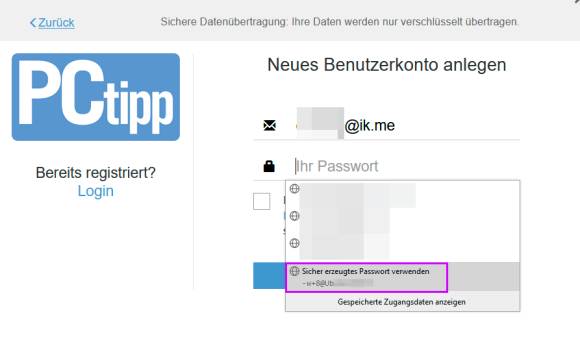 Das PCtipp-Login mit einem von Firefox erzeugten sicheren Passwort