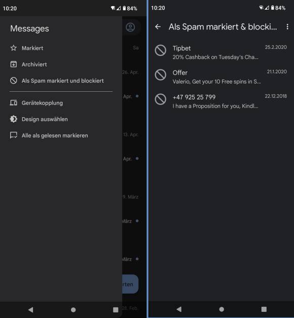 Zwei Screenshots zeigen als Spam weggefilterte SMS