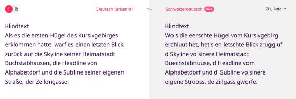 Links ein Absatz mit deutschem Blindtext, rechts die schweizerdeutsche Übersetzung 