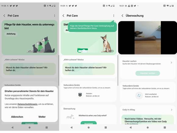 Drei Screenshots aus der SmartThings-App mit Pet-Care-Dienst 