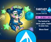 Banner der Fantasy Basel zeigt eine im Weltraum schwebende Katze mit Raumfahrerhelm und Spielcontroller