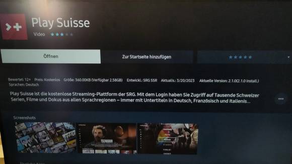 Foto der «Play Suisse»-App auf einem smarten Samsung-Monitor 
