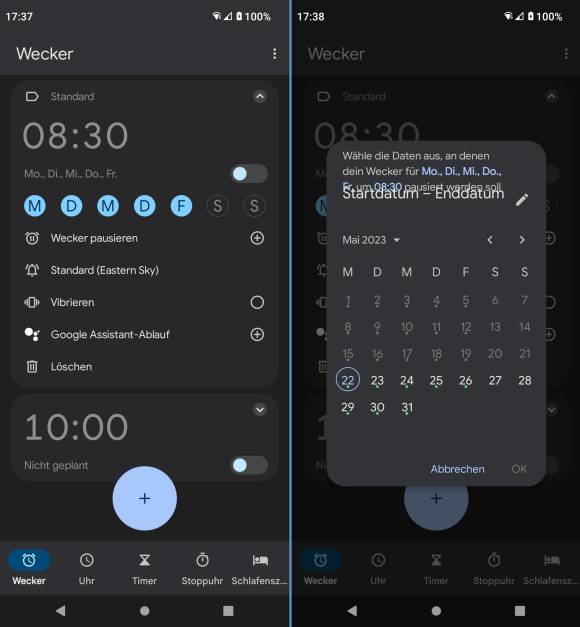 Screenshots aus der Wecker- bzw. Uhr-App