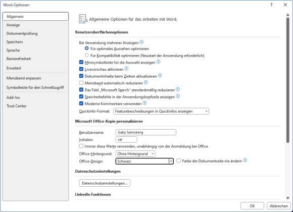 Die Optionen in Word, zum Einschalten des Dunkelmodus