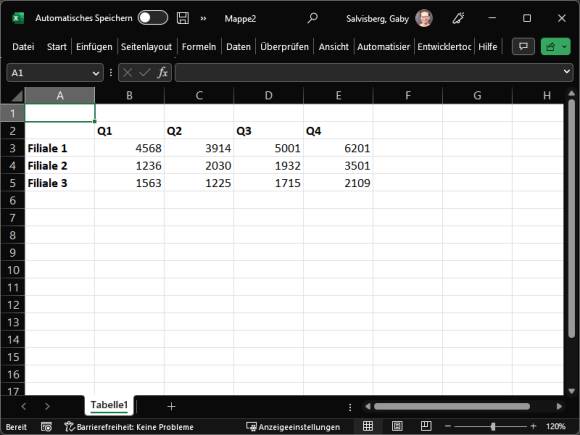 Excel im Dunkelmodus. Die Tabelle selbst ist weiss mit schwarzer Schrift