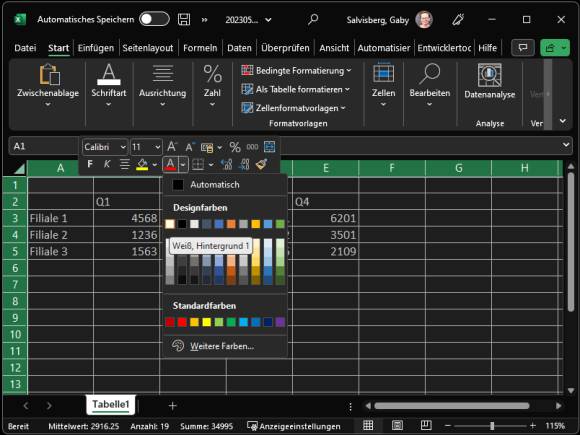 Excel-Tabelle, jetzt mit fast schwarzem Hintergrund und weisser Schrift