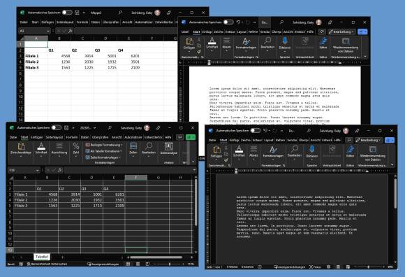 Je zwei Word- und Excel-Screenshots, einmal mit weisser und einmal mit schwarzer Dokumentfarbe 