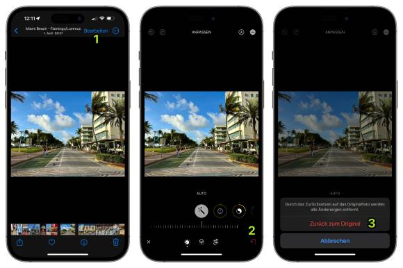 Drei iPhones zeigen, wie das Original wiederhergestellt wird